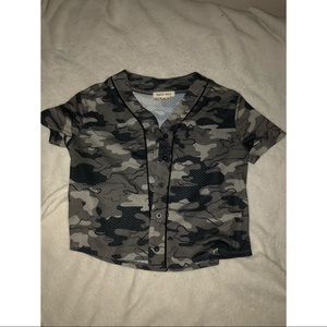 camo cropped button up jersey